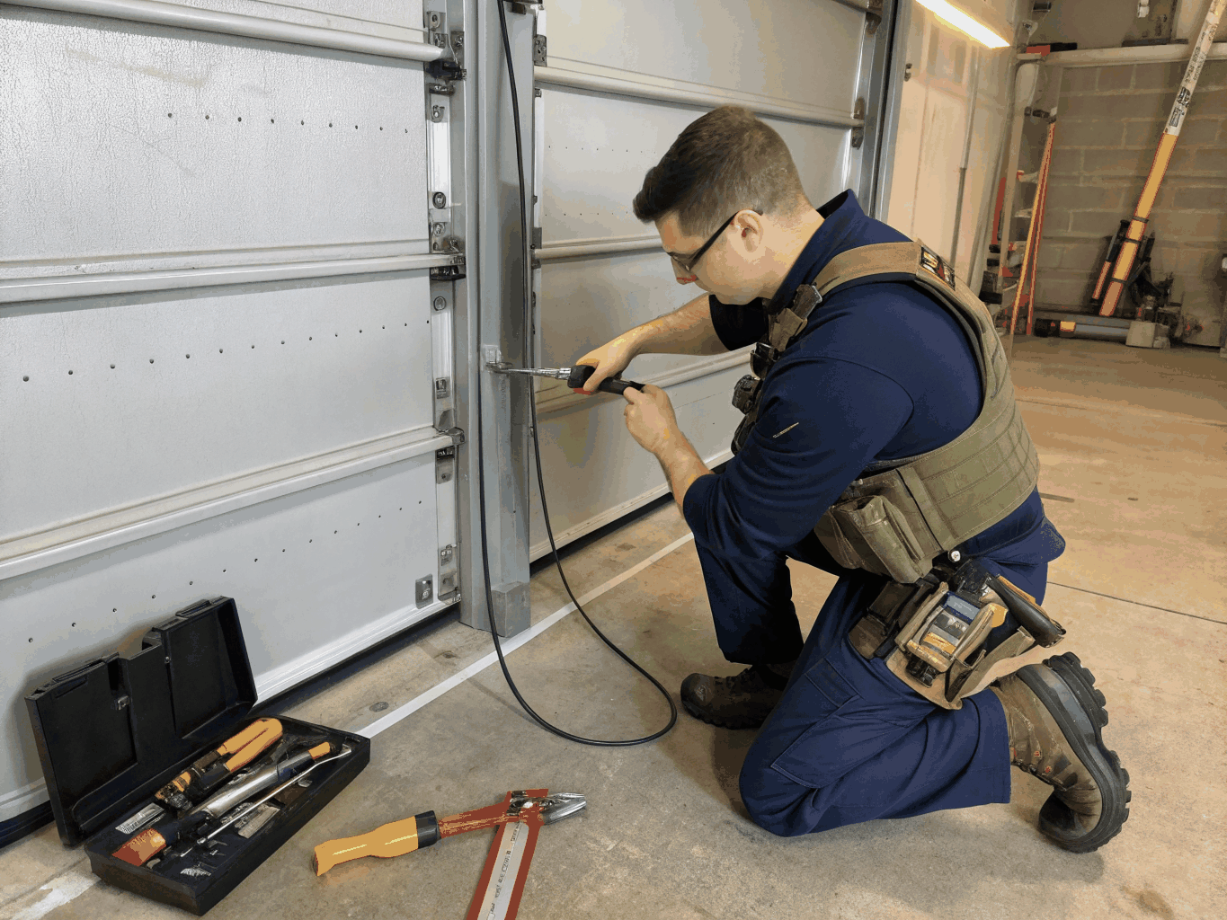 Technician performing garage door repair